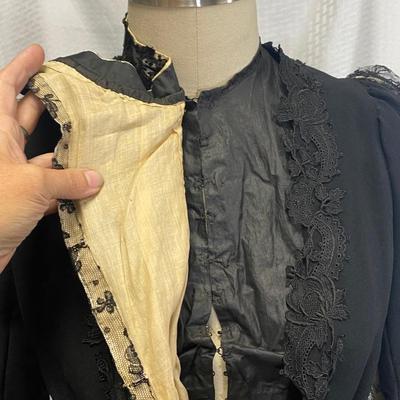 Antique Victorian Black Lace Mourning Gothic Long Sleeve Blouse Bodice Top