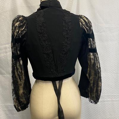 Antique Victorian Black Lace Mourning Gothic Long Sleeve Blouse Bodice Top