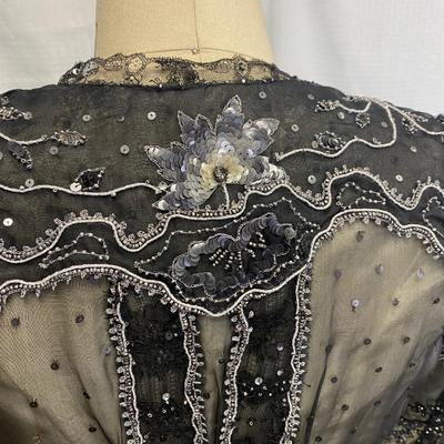 Antique Black Over White Embroidered Sequined Two Piece Gothic Victorian Dress Skirt Blouse