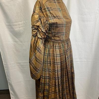 Antique Post Civil War Era Late 1860s Silk Plaid Wedding Dress