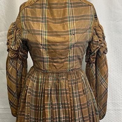 Antique Post Civil War Era Late 1860s Silk Plaid Wedding Dress