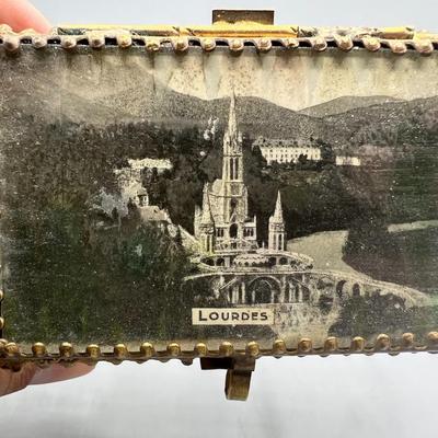 Vintage Souvenir Lourdes France Cathedral Gothic Castle Glass Jewelry Trinket Casket Snuff Box