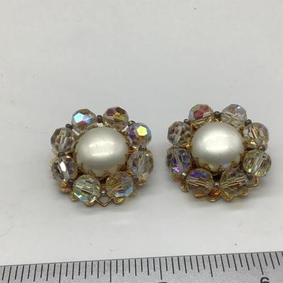 Vintage Faux Pearl Earrings With Crystal Bead accent