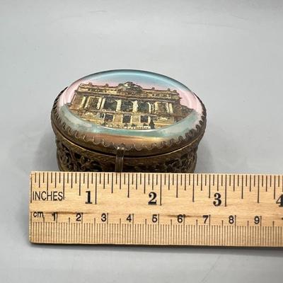 Vintage Round Jewelry French Theatre Building Trinket Casket Snuff Box