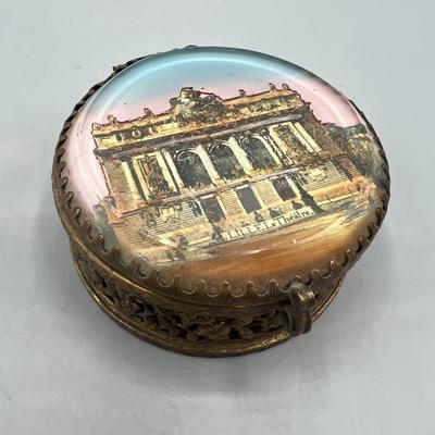 Vintage Round Jewelry French Theatre Building Trinket Casket Snuff Box