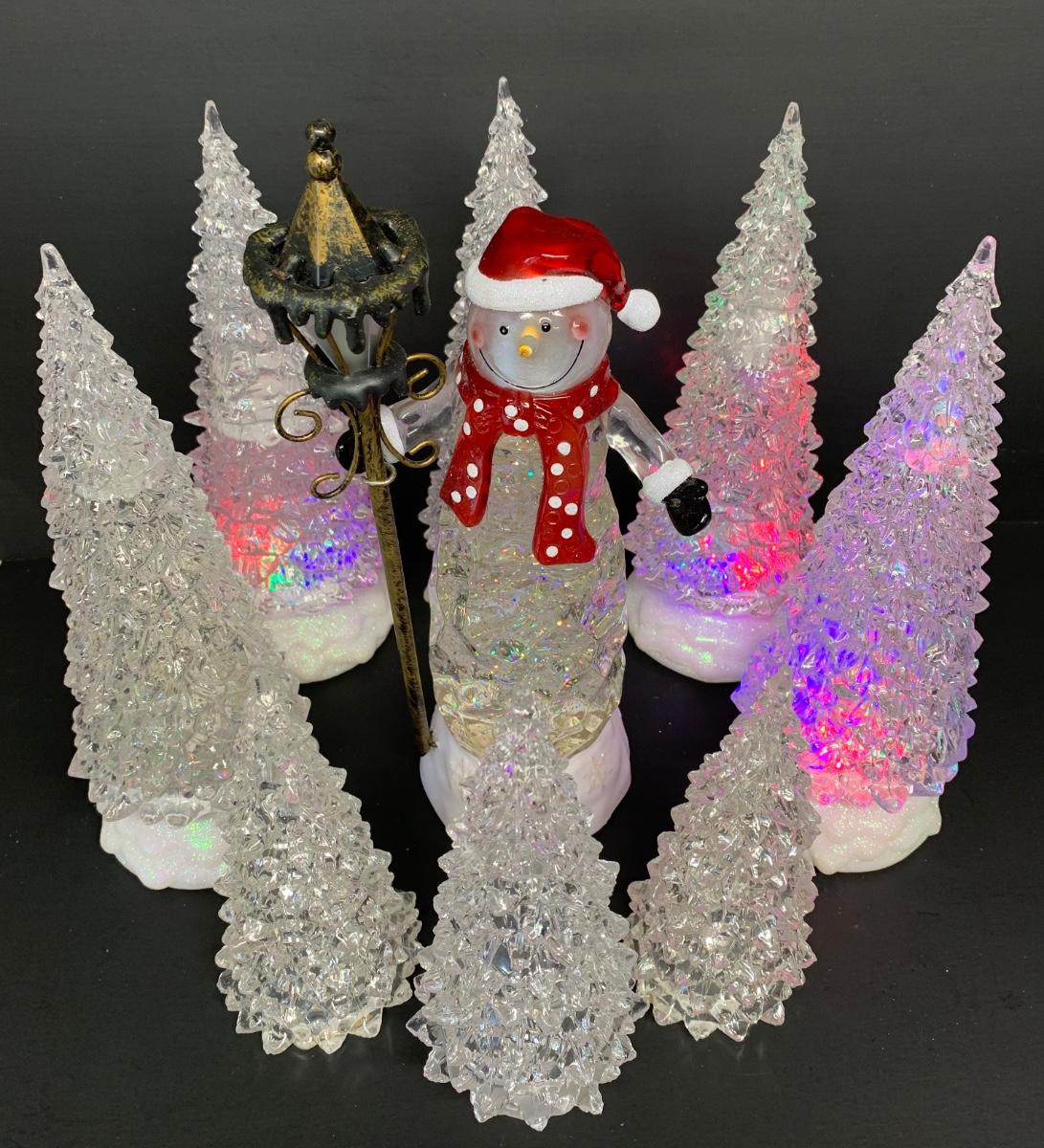 LOT 100R Clear Light Up Christmas Trees & Snowman w/Lantern