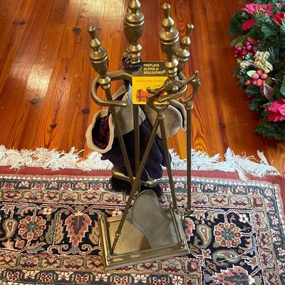Vintage Solid Brass Fireplace Companion with New Insuleather Fireplace Gloves