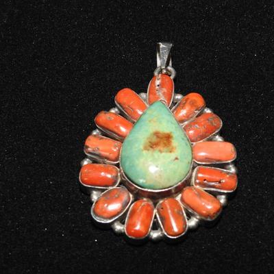 Beautiful turquoise and coral sterling pendant