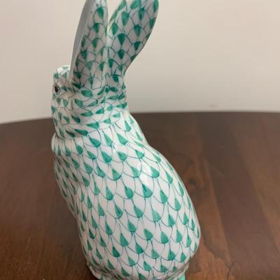 Herend Hungary Handpainted Green / White Rabbit Fishnet Porcelain Figurine