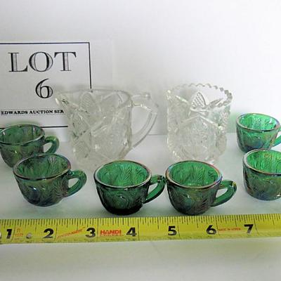Child's Old EAPG Spooner and Creamer and 6 Green Carnival Glass Childs Inverted Strawberry Punch Cups