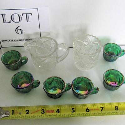 Child's Old EAPG Spooner and Creamer and 6 Green Carnival Glass Childs Inverted Strawberry Punch Cups