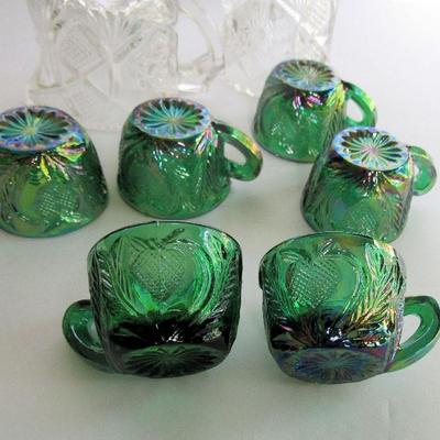 Child's Old EAPG Spooner and Creamer and 6 Green Carnival Glass Childs Inverted Strawberry Punch Cups