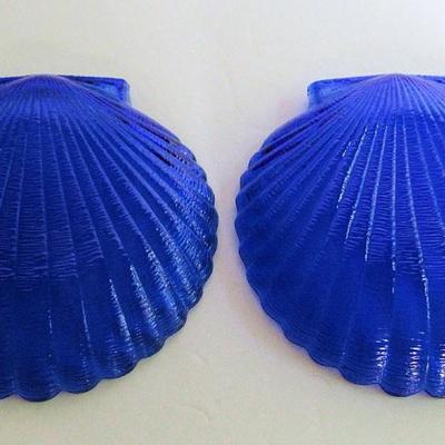 2 Cobalt Blue Glass Shell Shaped Plates