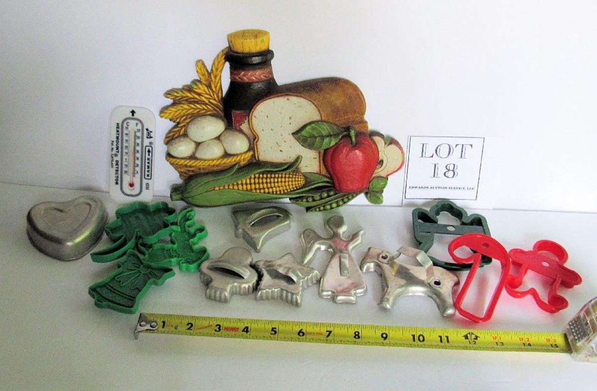 Lot of Cookie Cutters, Kmart Thermometer and Syroco Wall Plaque