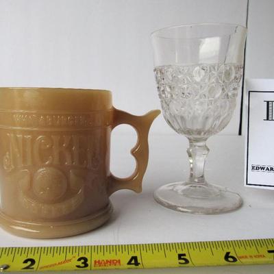 Vintage Pattern Glass Goblet and Pressed Glass Advertising Mug