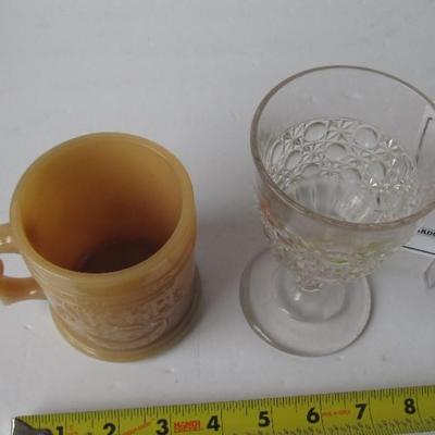 Vintage Pattern Glass Goblet and Pressed Glass Advertising Mug