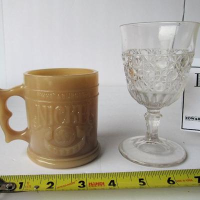 Vintage Pattern Glass Goblet and Pressed Glass Advertising Mug