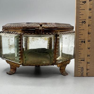 Antique Vintage French Gothic Glass Sides Diamond Shaped Casket Snuff Jewelry Box