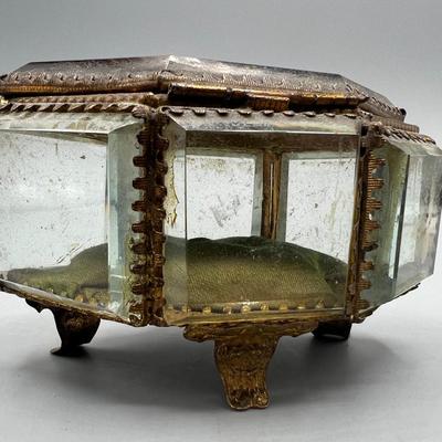 Antique Vintage French Gothic Glass Sides Diamond Shaped Casket Snuff Jewelry Box