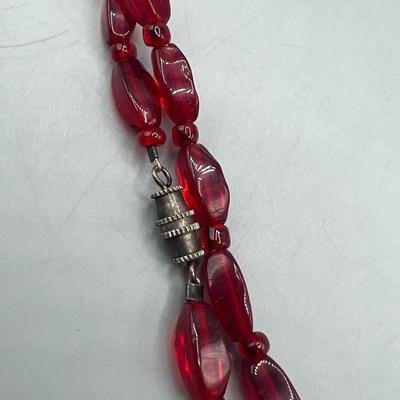 Retro Long Red Beaded Costume Jewelry Necklace
