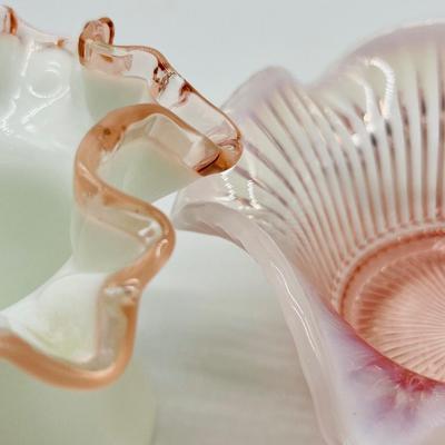 FENTON ~ Milk Glass ~ Ruffled Top Hat Vase & Pink Opalescent ~ Ruffled Edge Bowl