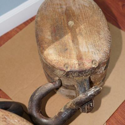 ANTIQUE LARGE BLOCK AND TACKLE PULLIES WOODEN