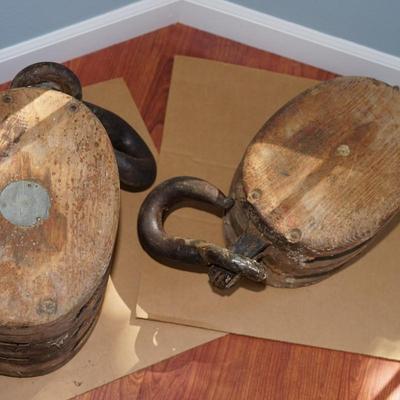 ANTIQUE LARGE BLOCK AND TACKLE PULLIES WOODEN
