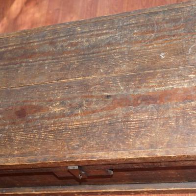 PRIMITIVE WOODEN TOOL CHEST /TWO BOARD PINE TOP. NO INSERT /CLEAN INTERIOR