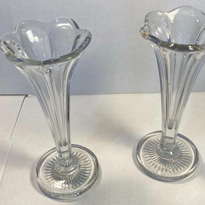 Pair HEISEY  Colonial Vintage Fluted Crystal Scalloped Edge Vases