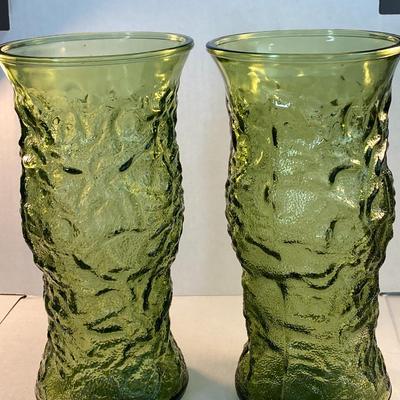 MOD Mid Century Green Amorphous E O Brody Vintage Pressed  Glass Vases