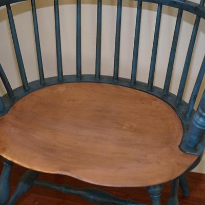 WINDSOR ARMCHAIR  COLONIAL BLUE AND NATURAL WOOD CONTOURED SEAT.