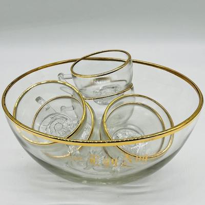 Glass Gold Trimmed ~ Eggnog Punch Bowl ~ Six Cups