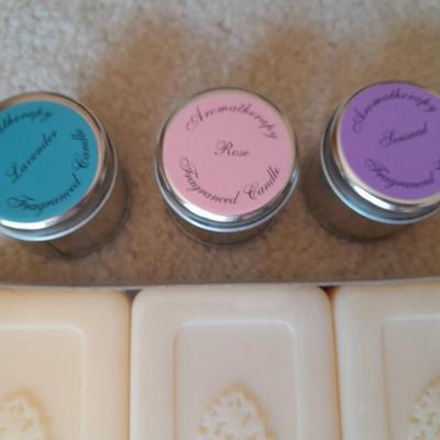 LOT 121 AROMATHERAPY CANDLES AND BATH SOAPS