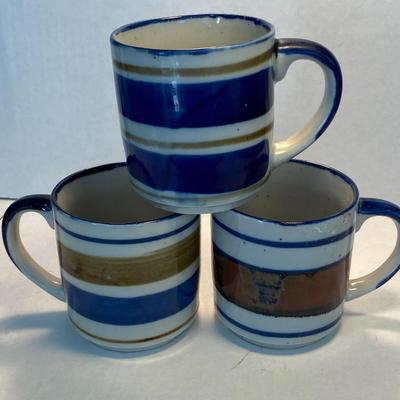 3 70s mid century stone ware striped ceramic mugs