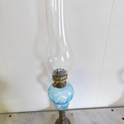 Vintage Blue Pear Glass Post Oil Lamp with Brass Pedestal and Marble Base