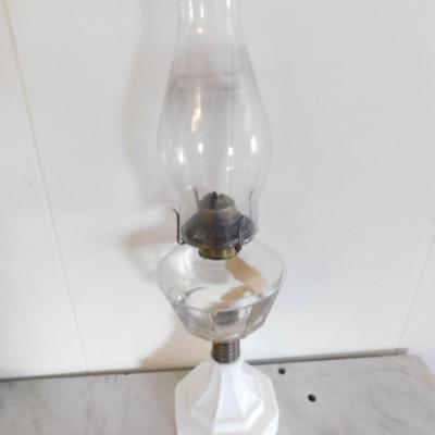 Clear Glass Post Oil Lamp with Milk Glass Pedestal