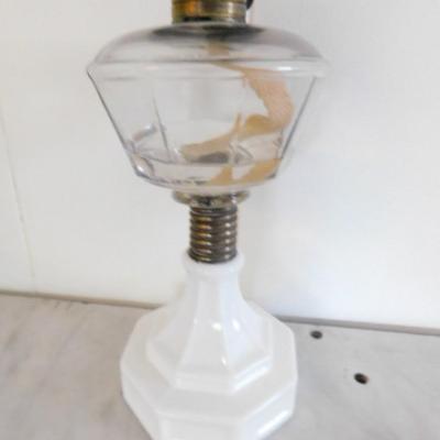 Clear Glass Post Oil Lamp with Milk Glass Pedestal