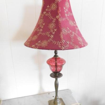 Vintage Cranberry Glass Post Electric Lamp with Brass Pedestal