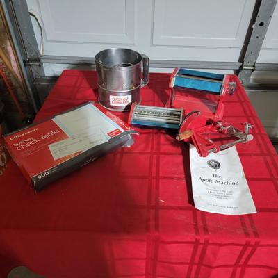 Apple Machine, blank business checks, & sifter