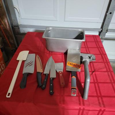 stainless 1/3 pan, scraper, spatulas, knives