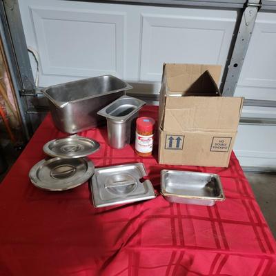 Stainless steel 1/3 pan, 1/9, lids, sweet n sour packs, misc. items