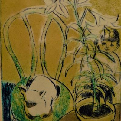 SIGNED MARSHALL BREWER PASTEL "PLANT WITH KITTY KAT"