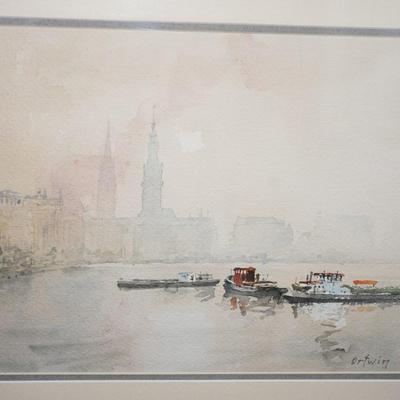 ORIGINAL WATERCOLOR OF EUROPEAN WATERWAY W/ LANDSCAPE AND BOATS