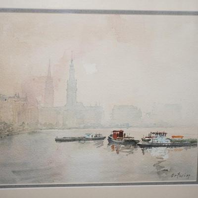 ORIGINAL WATERCOLOR OF EUROPEAN WATERWAY W/ LANDSCAPE AND BOATS