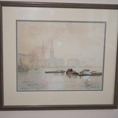 ORIGINAL WATERCOLOR OF EUROPEAN WATERWAY W/ LANDSCAPE AND BOATS