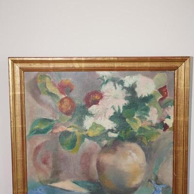 VINTAGE FRENCH ORIGIN ORIGINAL OIL ON CANVAS STILL LIFE OF FRUIT & FLORAL UNSIGNED. FRAMED