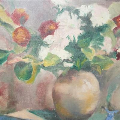 VINTAGE FRENCH ORIGIN ORIGINAL OIL ON CANVAS STILL LIFE OF FRUIT & FLORAL UNSIGNED. FRAMED