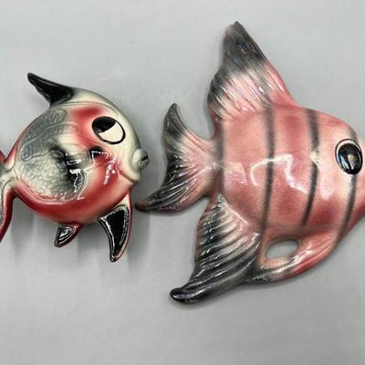 Pair of Retro Tropic Treasures Pink Red Ceramic Nautical Fish Hanging Decor
