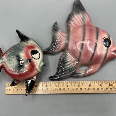 Pair of Retro Tropic Treasures Pink Red Ceramic Nautical Fish Hanging Decor