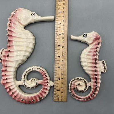 Pair of Retro Nautical Ceramic Seahorse Hanging Home Decor